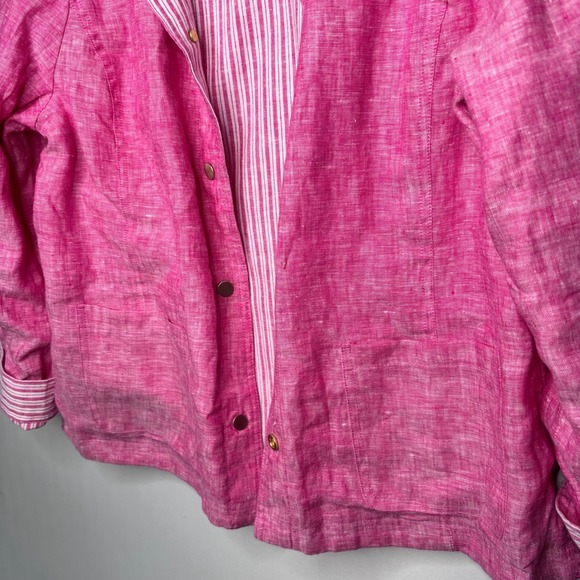 Chicos Reversible Linen Jacket Size 2/12-14 Pink White Striped Snap Classic - Picture 11 of 13